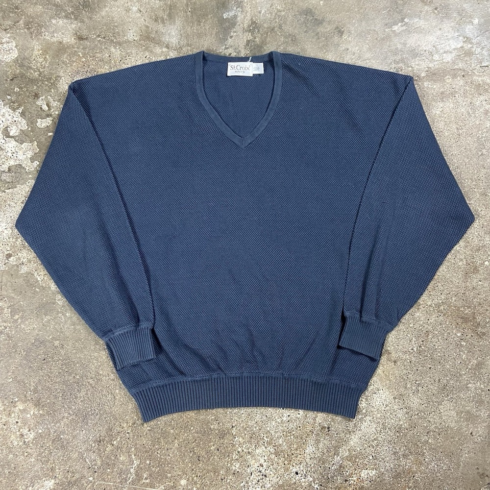 Vintage 80s St. Croix Knits Sweater Size Large Blue V-Neck Pullover Long Sleeve